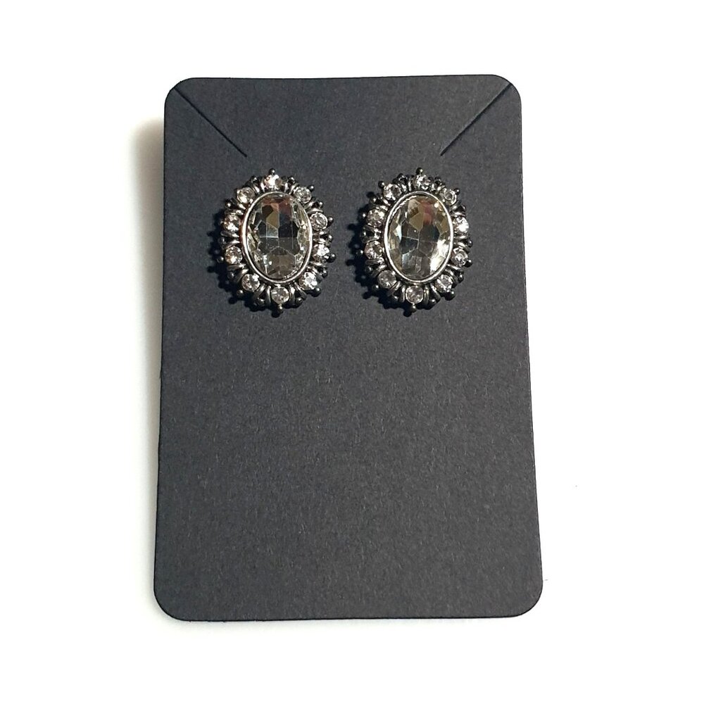 Vintage Faux Crystal Stud Earrings Silver Tone Clear Oval Elegant Retro Jewelry